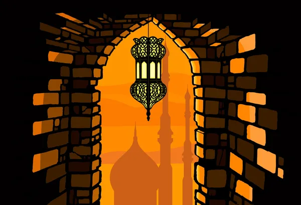 Lanterna Ramadã com fundo de arquitetura árabe — Vetor de Stock