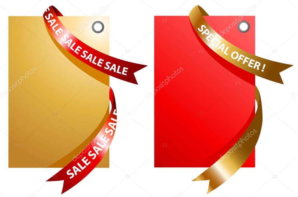 Illustration of red and gold signage with ribbon