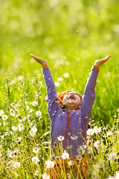 Dandelions bir alana kız — Stok fotoğraf