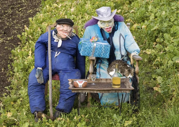 stock image Two scarecrow and a cat