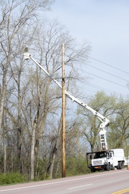 Worker in a lift truck, trimming trees beside power lines clipart