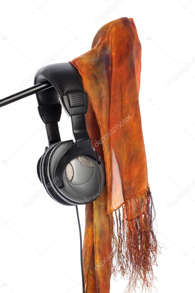 Microphone stand, scarf and headphones