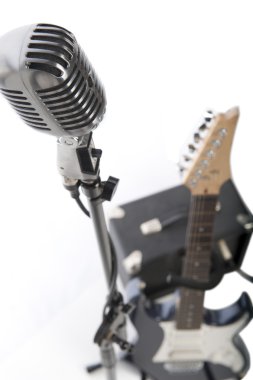 Vintage microphone, electric guitar and amp clipart