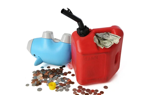 Gas can coins and piggy bank — Stock Photo, Image