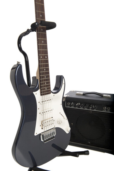 Electric strat guitar and medium practice amplifier