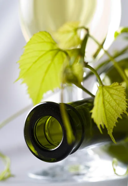 Láhev bílého vína ve skle — Stock fotografie