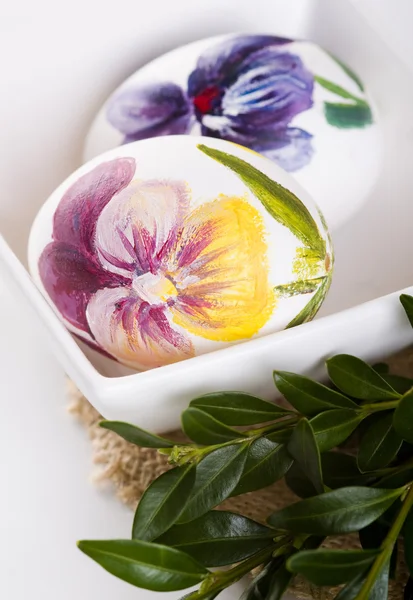 stock image Painted eggs and boxwood on Easter