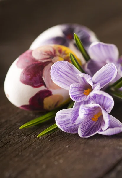 Målade ägg och Krokus på påsk — Stockfoto