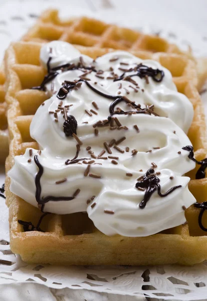 Waffles with whipped cream — Stock Photo, Image