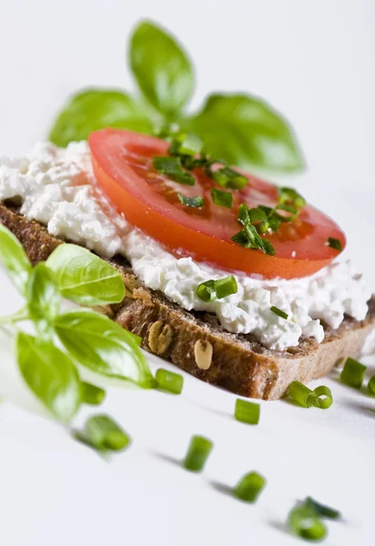 Bread with cottage cheese and tomatoes — Stock Photo, Image
