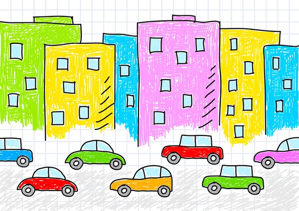 Zeichnung von Gebäuden und Autos — Stockvektor