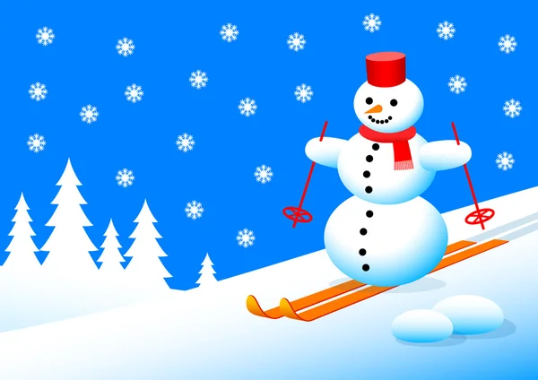 Snowman in winter landscape — Stock Vector