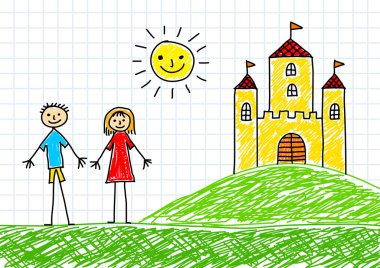 Drawing of children and castle on squared paper clipart