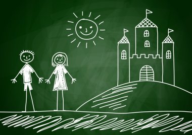 Drawing of children and castle on blackboard clipart