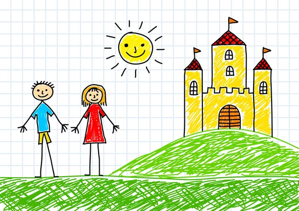 方形纸上绘图的儿童和城堡 — 图库矢量图片