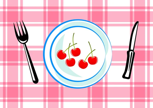 Assiette bleue aux cerises — Image vectorielle