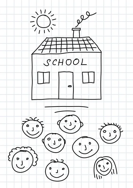 Zeichnung von Schule und Kindern auf kariertem Papier — Stockvektor