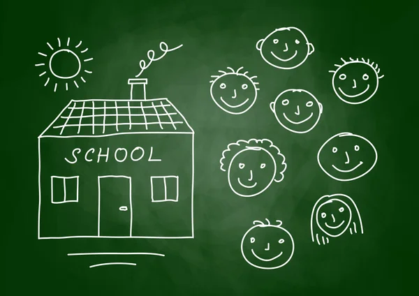 Desenho de escola e crianças em quadro-negro — Vetor de Stock