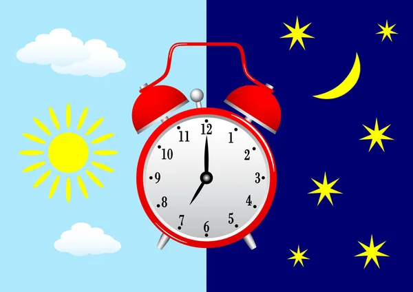 Reloj despertador rojo en el cielo azul — Archivo Imágenes Vectoriales