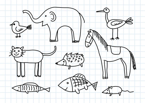 Dibujo de animales sobre papel cuadrado — Vector de stock