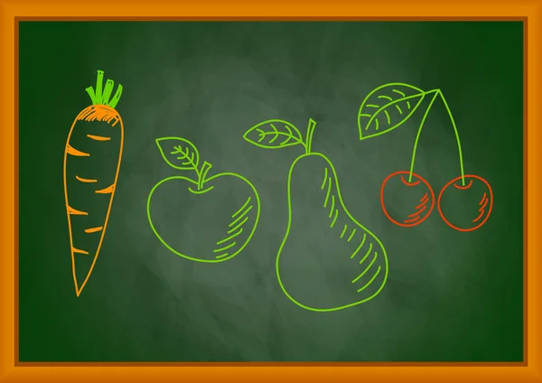 Drawing of vegetable and fruit on blackboard — Stock Vector