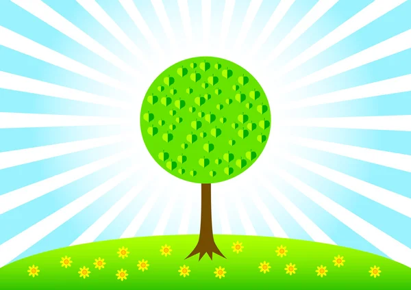 Spring tree on green meadow — Stock Vector