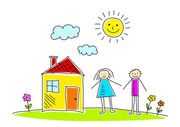 Dessin de maison et d'enfants — Image vectorielle
