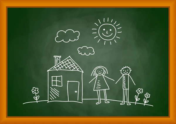 Drawing of house and children on blackboard Royalty Free Stock Vectors