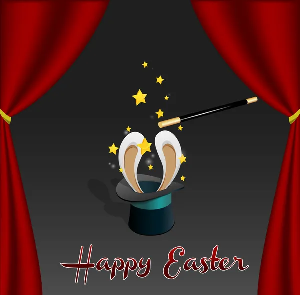 Húsvéti üdvözlőlap | Nyúl jön ki egy mágikus kalap | Szerkeszthető vektoros illusztráció — Stock Vector