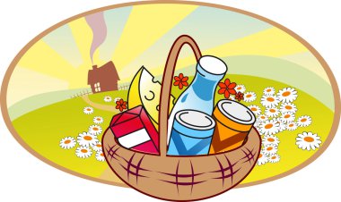 Stylized food basket on background with country landscape clipart