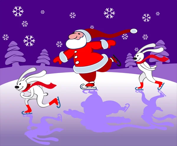 Santa and bunnies Skating — Stock Vector