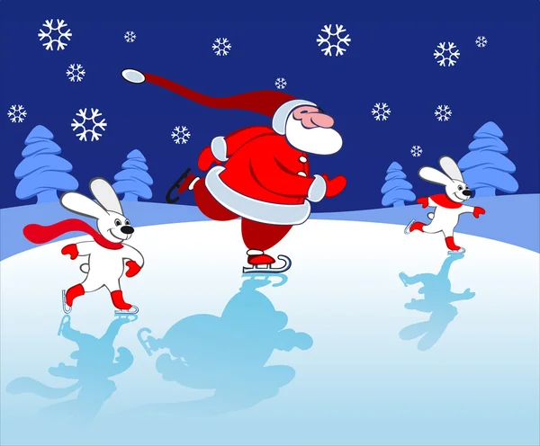 Santa and bunnies Skating — Stock Vector
