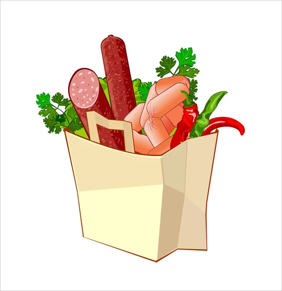 Saco de papel com pão, salsicha e verdura —  Vetores de Stock