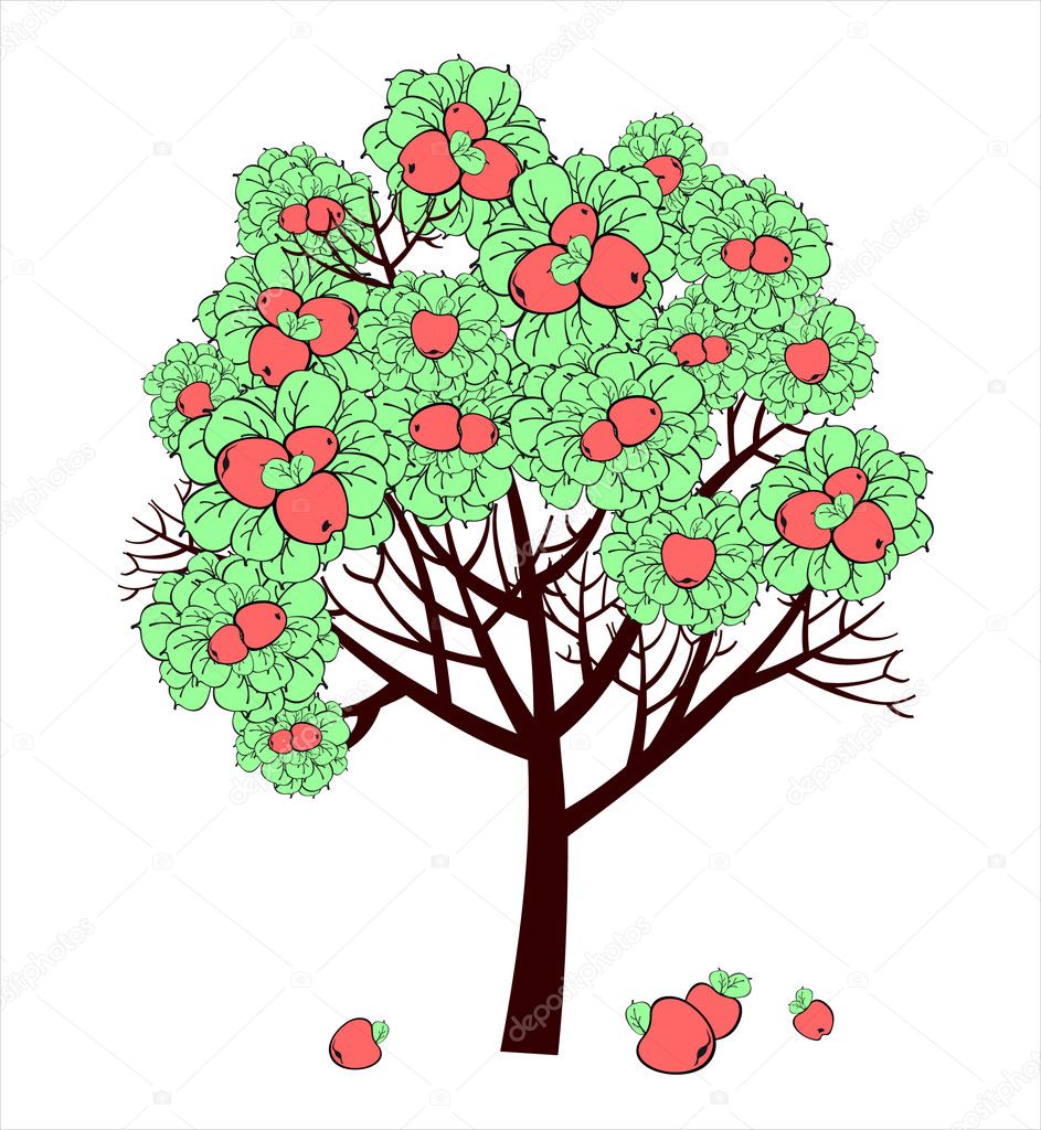 Wektor Rysunek Drzewa Jabłko Z Owocami Grafika Wektorowa