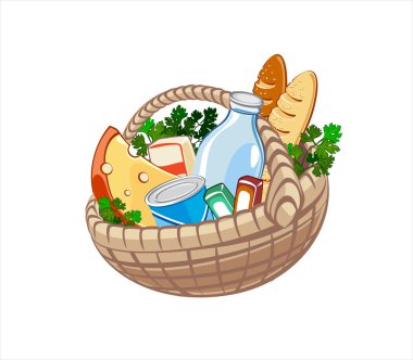 Wicker basket with dairy products, bake and other food