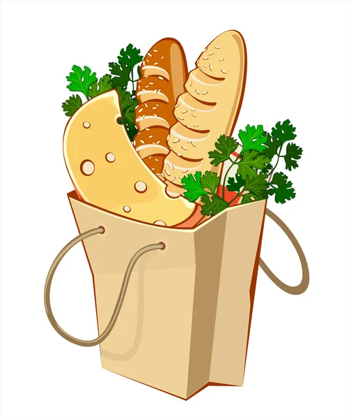 Papír porzsák, kolbász, kenyér, zöldség-gyümölcs árus — Stock Vector