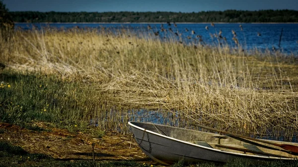 stock image Old boat with oars layng on a lake shore