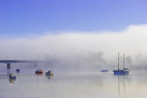Boats on a foggy river — Stock Photo, Image