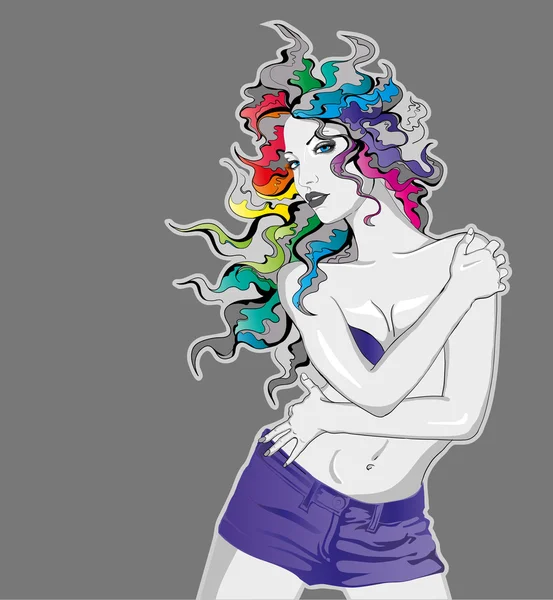 Wanita muda dengan rambut berwarna pelangi - Stok Vektor