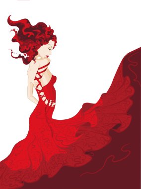 Young woman in waving red dress isolated clipart