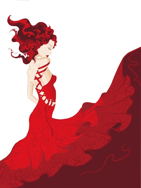 Mujer joven en vestido rojo ondulante aislado — Vector de stock