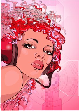 Young woman wearing earphones on pink background clipart