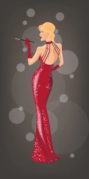 Mujer fumadora en vestido rojo — Vector de stock