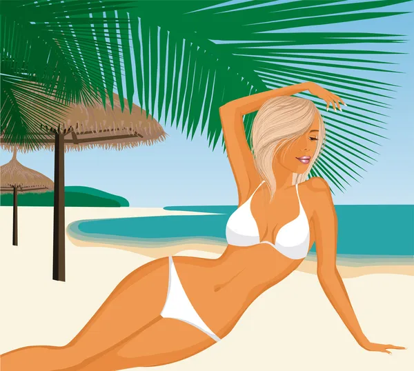 Jeune femme allongée sur la plage — Image vectorielle