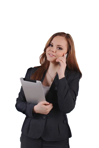 Negócios senhora telefonar, segurando Ipad — Fotografia de Stock