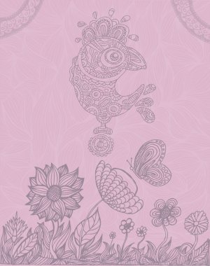 Stylish floral background, hand drawn retro flowers and birds clipart