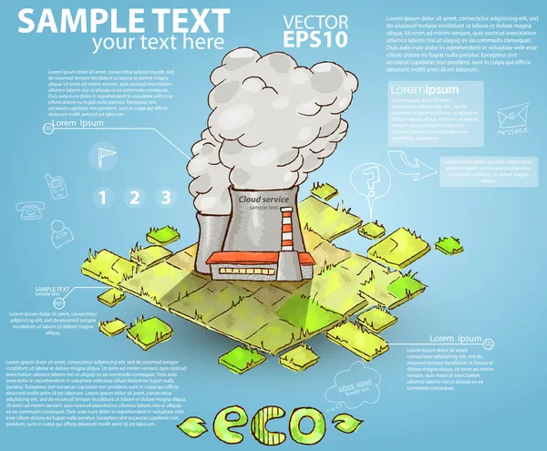 Retro-Infografiken handgezeichnete Fabrik, die Verschmutzung ausspuckt — Stockvektor