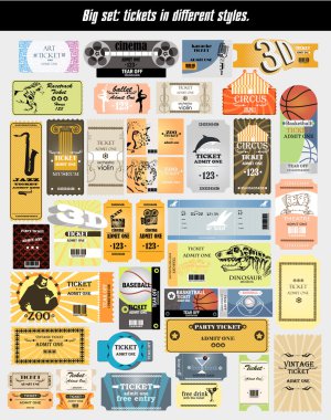 Big set: tickets in different styles. Vector. clipart