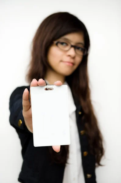 Business woman showing blank id card — Stock Photo, Image