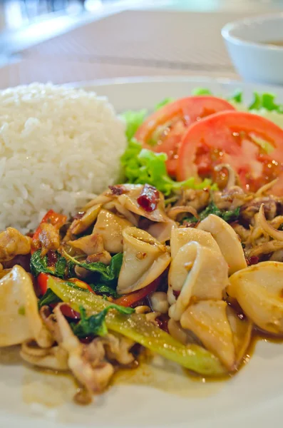 Basil squid served with rice — Zdjęcie stockowe